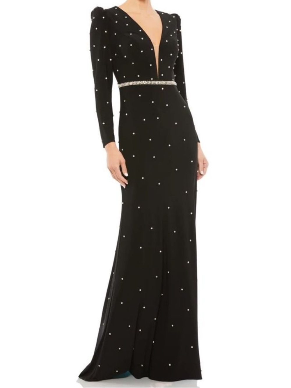 Mac Duggal Belted Jewel Crystal Encrusted Plunge Neck Long Sleeve Gown - Reemoly